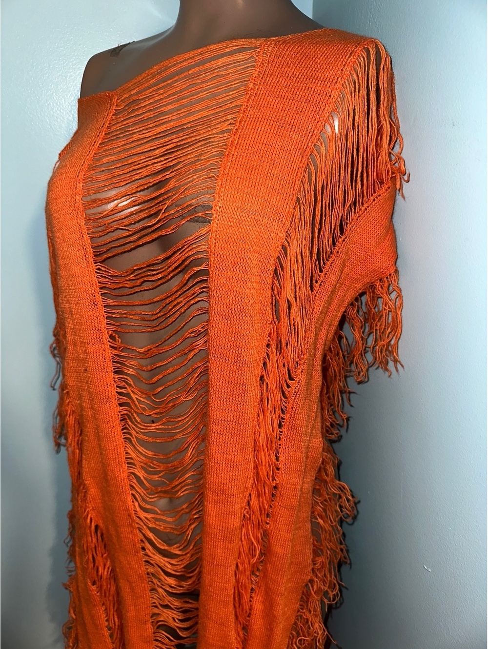 Distressed Orange Y2K Fringe Resort Boho Coquette Open-knit Swimsuit Cover-Up